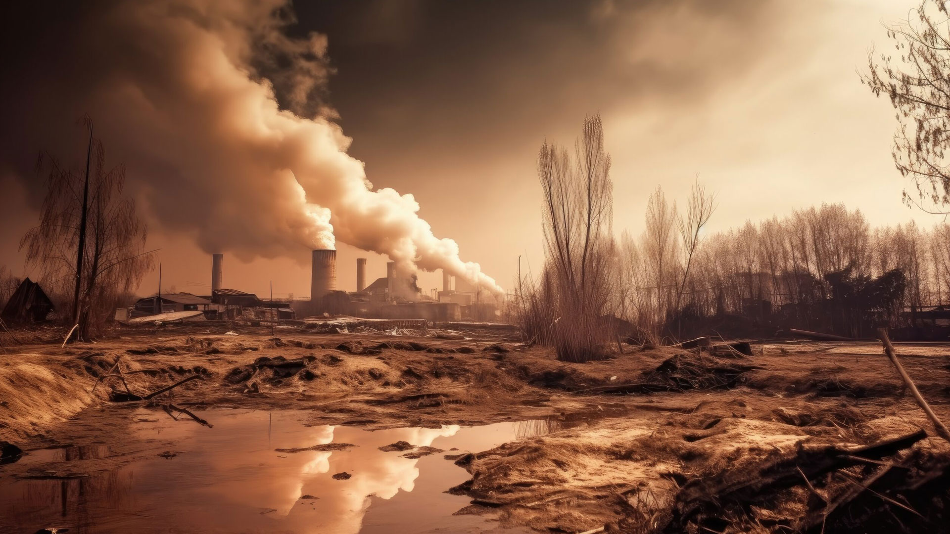Cenário apocalíptico com indústria emitindo grande quantidade de gases na atmosfera. A vegetação ao redor está com aspecto negativo.