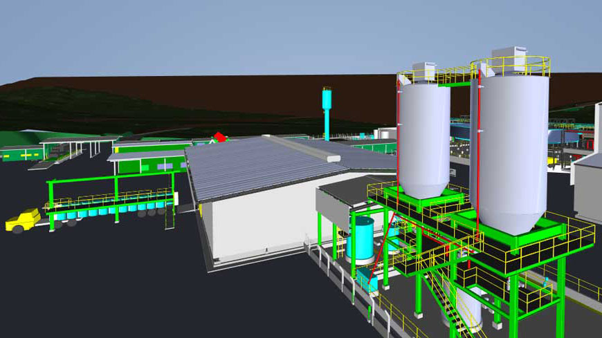 Projeto em software de arquitetura com o esboço de uma planta metalúrgica.