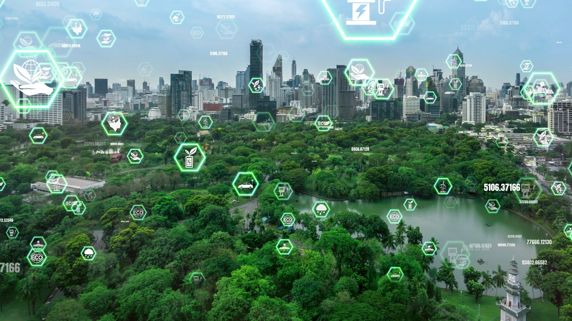 Na imagem é exibida uma floresta em meio a uma cidade. Há vários símbolos de itens e estratégias ESG que se conectam à paisagem