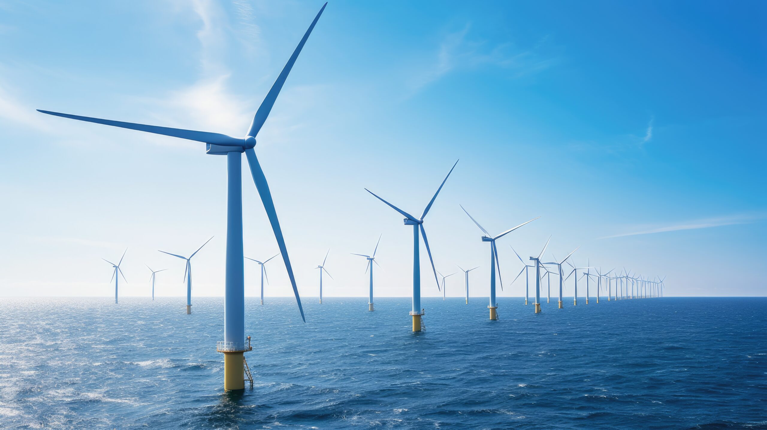 Turbinas de energia eólica distribuídas no mar para coletar energia advinda do vento.