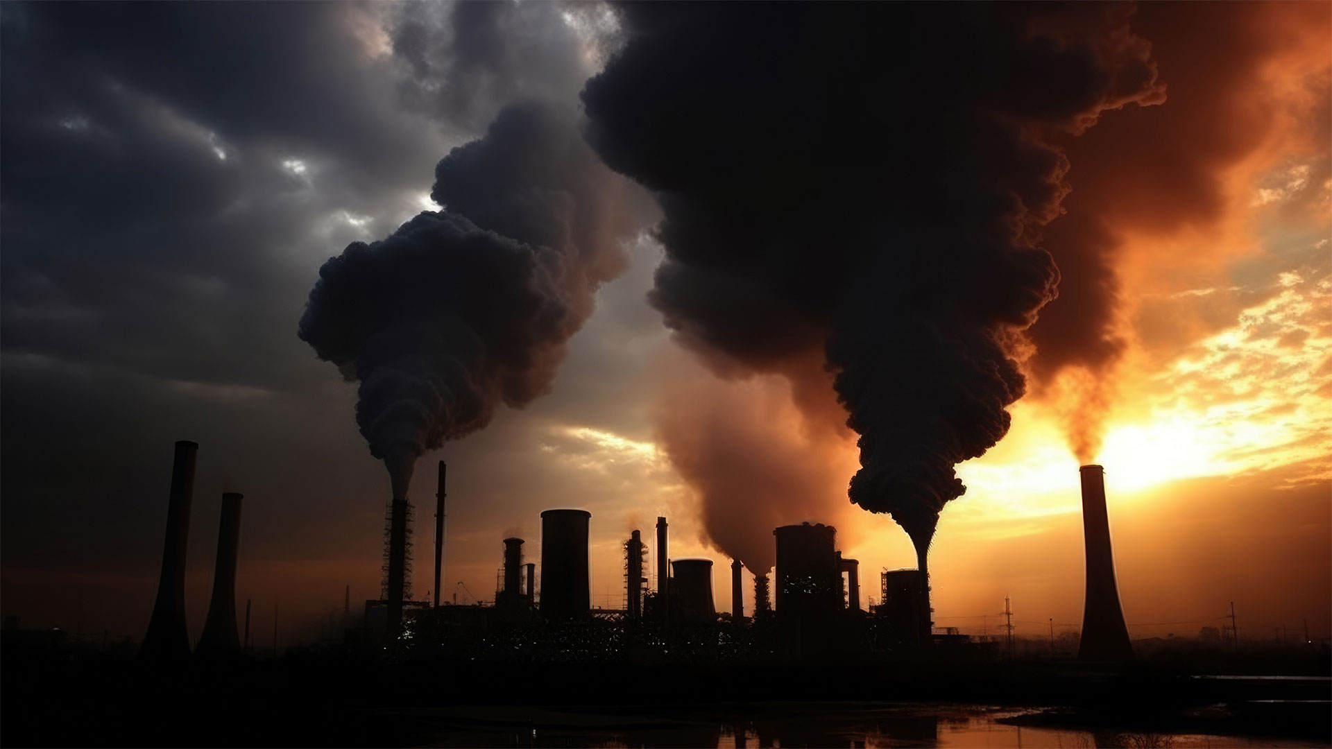 Imagem mostra emissão de gases na atmosfera pelas chaminés de uma grande fábrica; Gerada por IA