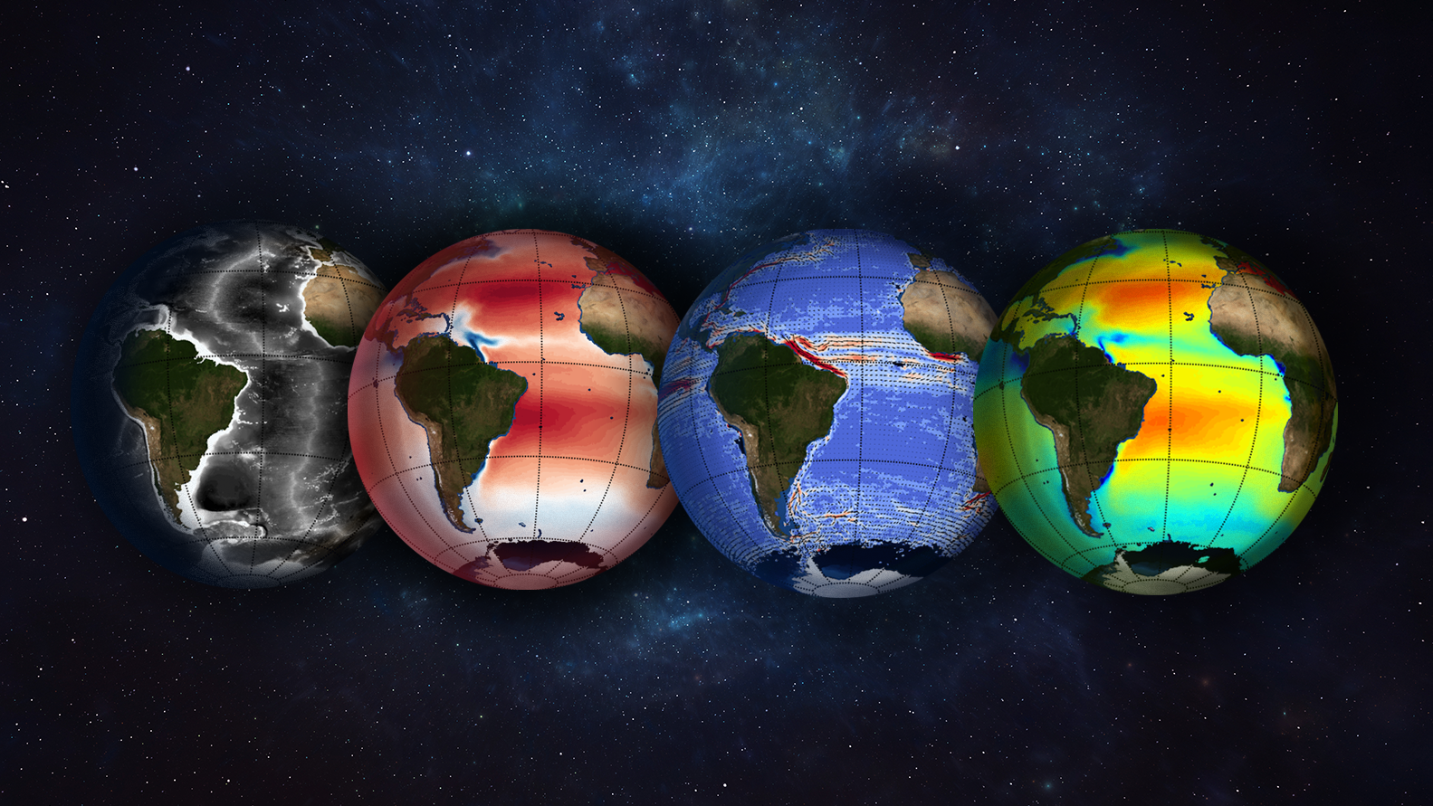 Quatro globos com diferentes tipos de mapeamentos meteoceanográficos