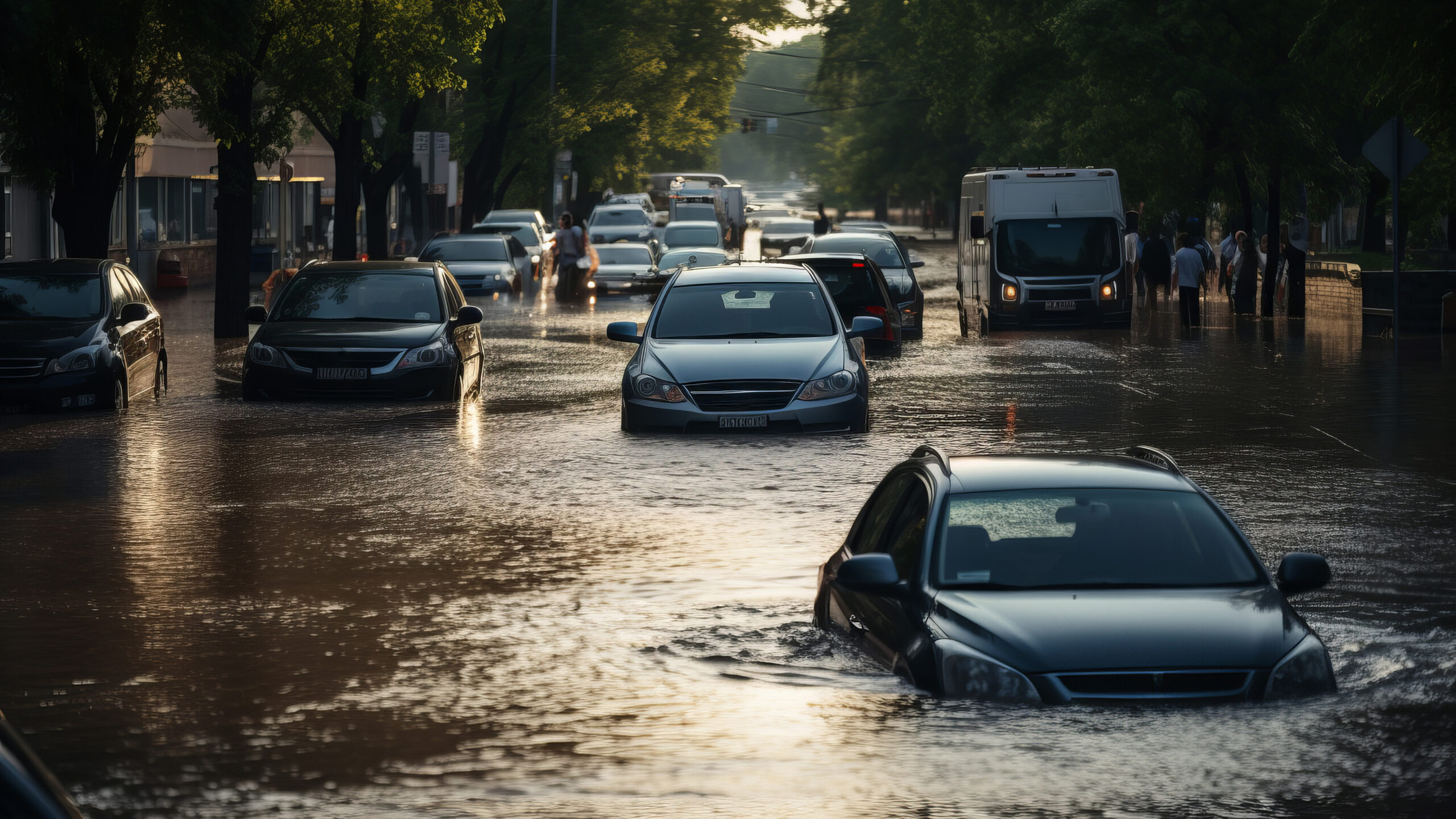 Carros submersos durante inundação. Imagem gerada por Inteligência Artificial