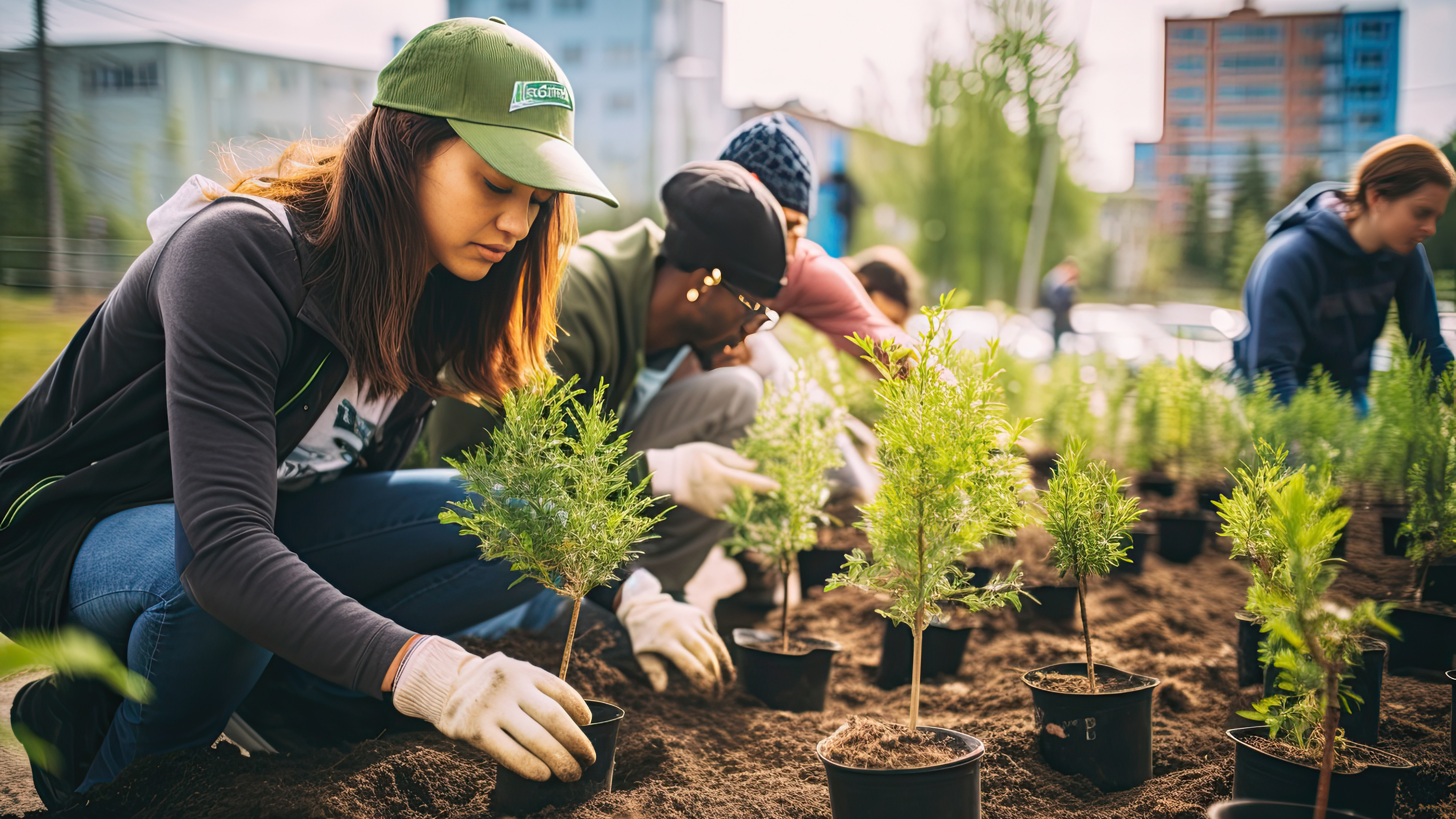 Jovens de diversas etnias plantando árvores em um ambiente urbano. Conceito de sustentabilidade.