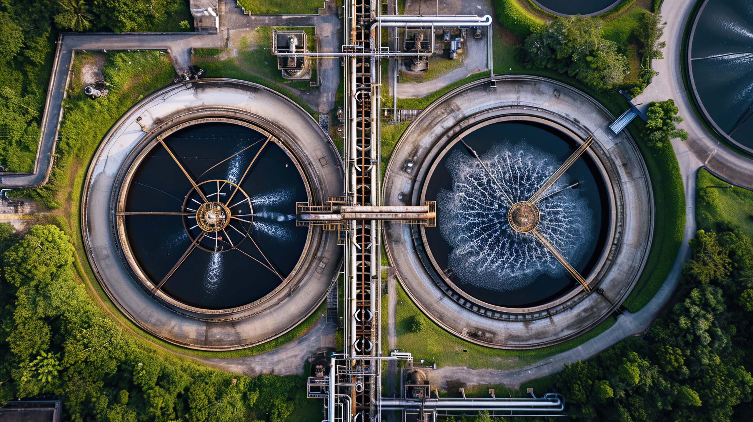 Moderna estação de tratamento de efluentes de fábrica química. Vista de drone.