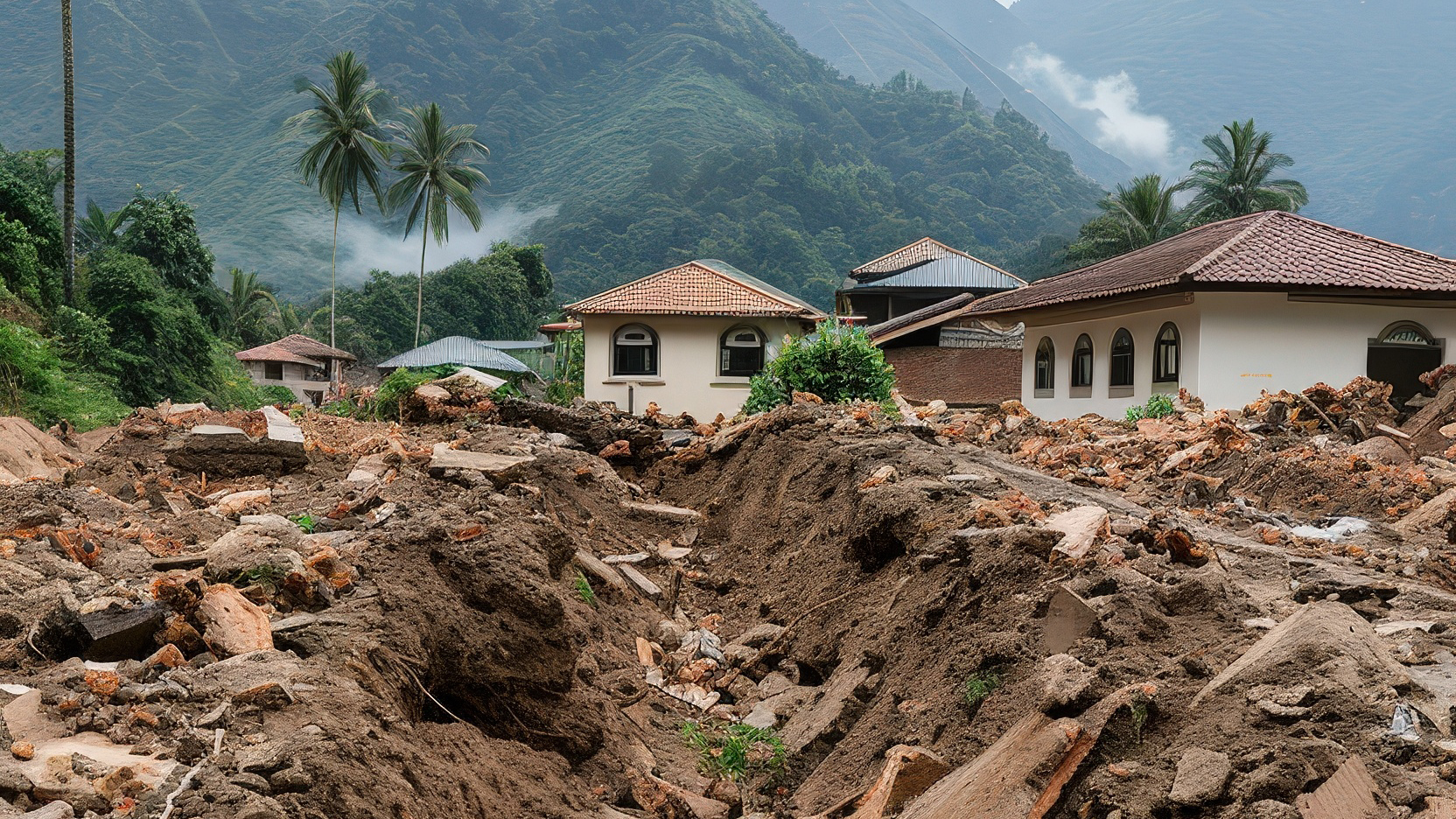 Destruição causada por um deslizamento de terra