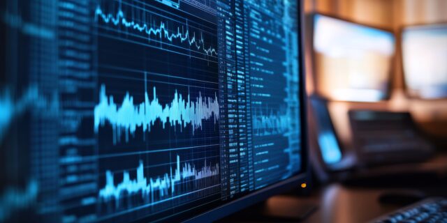 Gráfico em tela de computador mostra sismógrafo em cores azuis