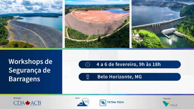 Banner escrito "Workshops de Segurança de Barragens", com data em 4 a 6 de fevereiro de 9h às 18h, em Belo Horizonte-MG. A imagem principal é uma barragem de rejeitos de mineração.