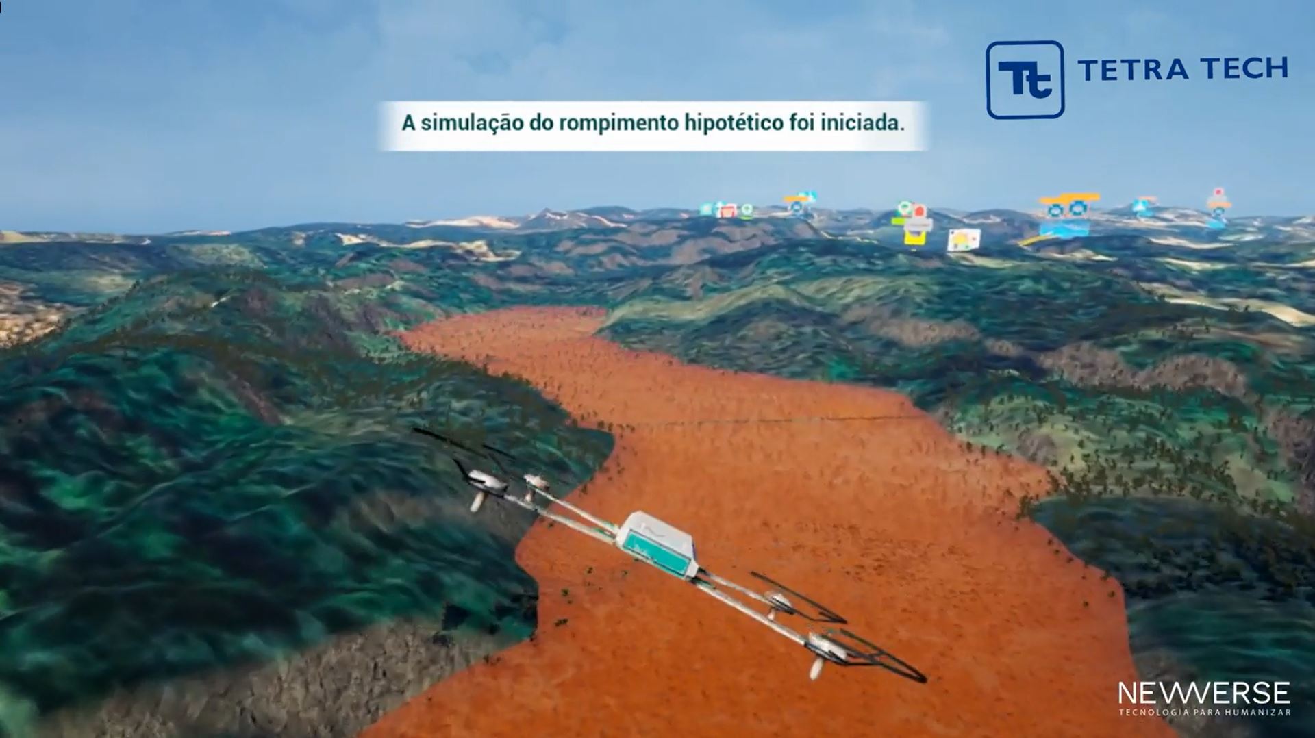 A Tetra Tech em parceria com a NEWVERSE INNOVATION desenvolveu uma solução para simulação do Plano de Ação de Emergência de Barragens de Mineração (PAEBM) em um ambiente de gamificação. Este serviço integra todos os capítulos e informações georreferenciadas do plano, demonstrando de maneira interativa como as informações estão distribuídas no território e as ações necessárias, atreladas à modelagem de ruptura hipotética – Dam Break.